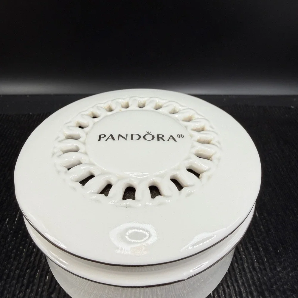 Pandora White Ceramic Round Jewelry Box Black Velvet Lining Lattice Lid 4 Inch